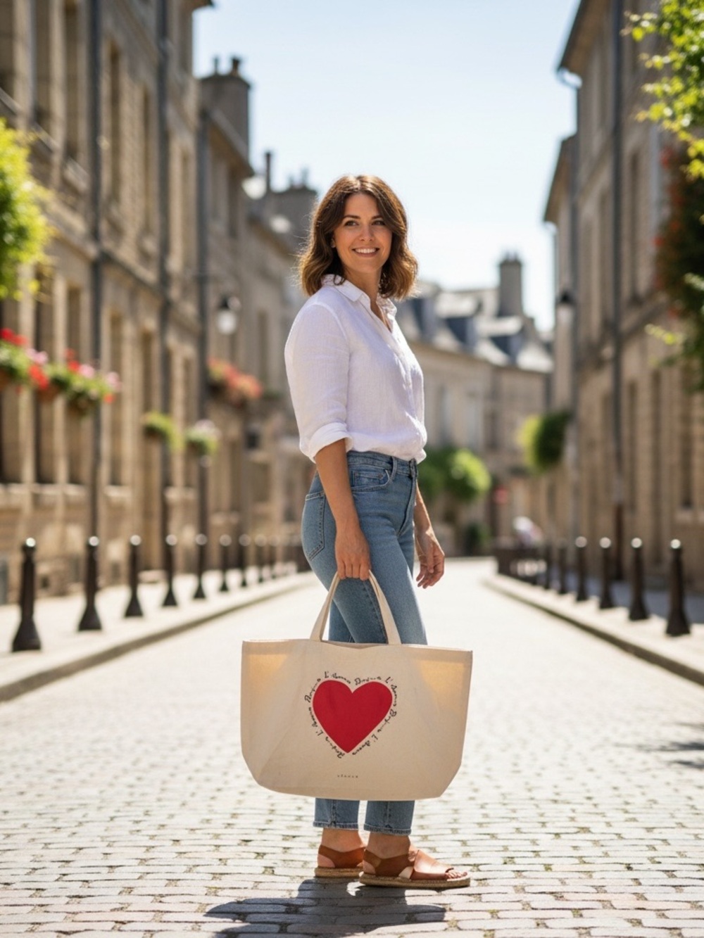 • Sezane • Canvas Tote Bag with Red Heart Print - Women Bags